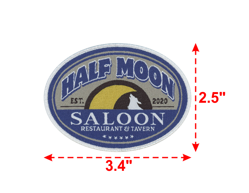 Oval Multi color image with a wolf howling at the half moon clean Woven Patch Half Moon Saloon Restaurant Tavern Est 2020